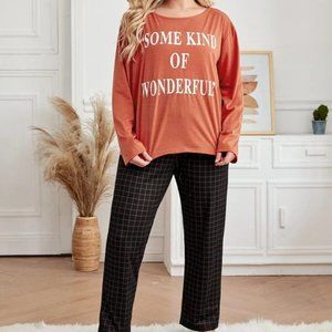 Orange/Black Slogan Printed Pajama Set in 1XL